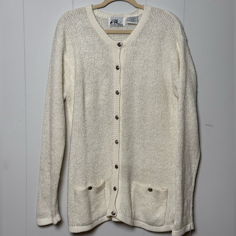 Willi of California Women’s Acrylic Cream Knit Cardigan with Two Pockets Size L